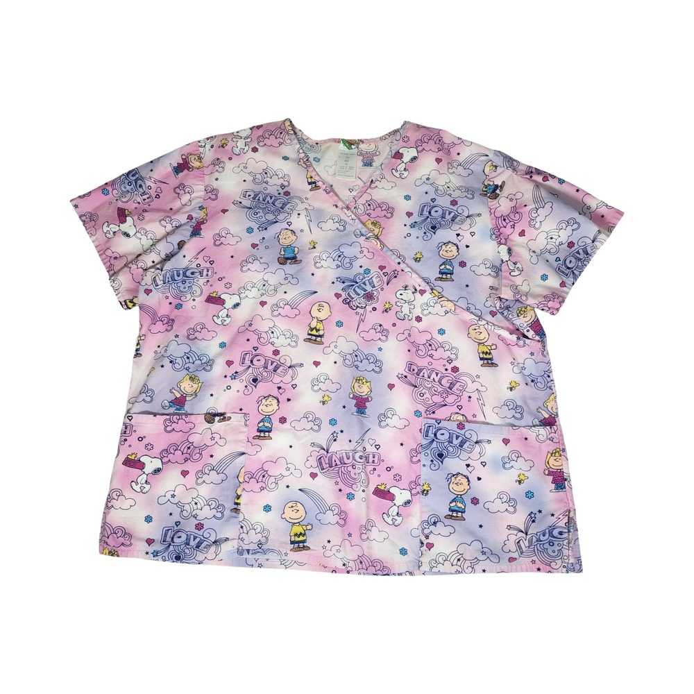 Peanuts Snoopy Charlie Brown Cotton Scrub Top XL Pink Tie Dye Mock Wrap PE18A953